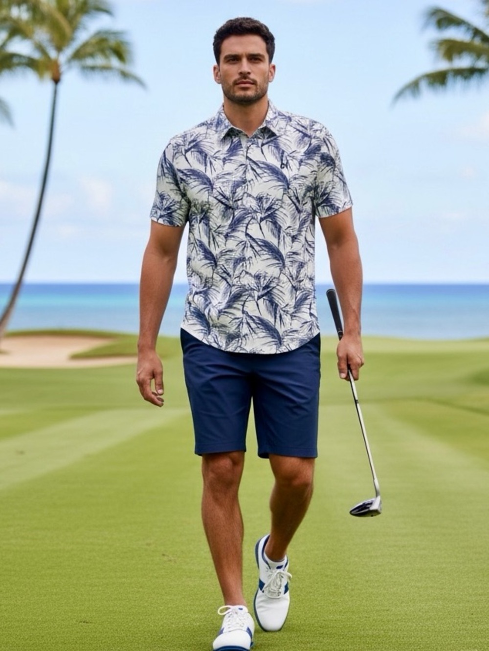 TravisMathew Golf Polo Men’s L White Navy Palm Print Poipu Bay Hawaii Resort